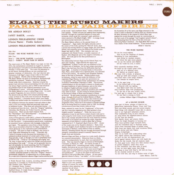 Janet Baker , Contralto -  London Philharmonic Orchestra & Choir*, Sir Adrian Boult, Elgar*, Parry* : The Music Makers / Blest Pair Of Sirens (LP, Album, Club)