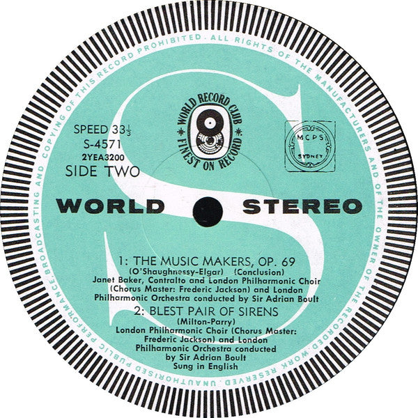 Janet Baker , Contralto -  London Philharmonic Orchestra & Choir*, Sir Adrian Boult, Elgar*, Parry* : The Music Makers / Blest Pair Of Sirens (LP, Album, Club)