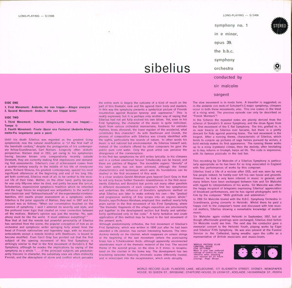 Jean Sibelius - BBC Symphony Orchestra Conducted By Sir Malcolm Sargent : Symphony No. 1 In E Minor Op. 39 (LP, Album, Club, RE)