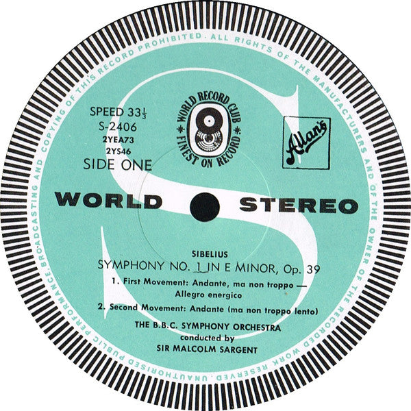 Jean Sibelius - BBC Symphony Orchestra Conducted By Sir Malcolm Sargent : Symphony No. 1 In E Minor Op. 39 (LP, Album, Club, RE)
