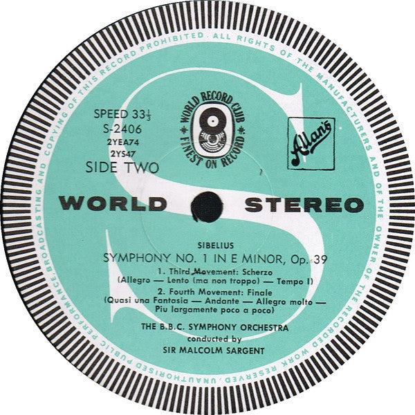 Jean Sibelius - BBC Symphony Orchestra Conducted By Sir Malcolm Sargent : Symphony No. 1 In E Minor Op. 39 (LP, Album, Club, RE)