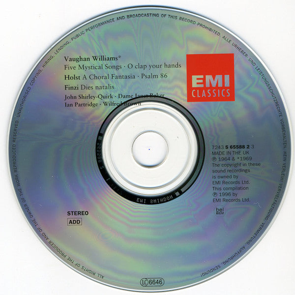 Gerald Finzi, Ralph Vaughan Williams, Gustav Holst - Wilfred Brown, John Shirley-Quirk, Janet Baker, Ian Partridge : Dies Natalis • Five Mystical Songs • O Clap Your Hands • A Choral Fantasia • Psalm 86 (CD, Comp)