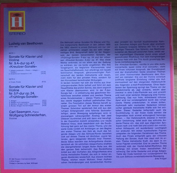 Beethoven*, Carl Seemann, Wolfgang Schneiderhan : Frühlings-Sonate • Kreutzer-Sonate (LP, RE)