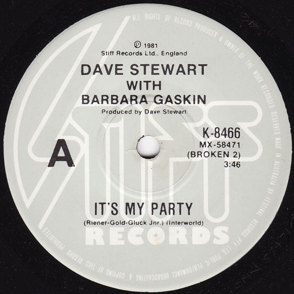 Dave Stewart With Barbara Gaskin* : It's My Party (7")