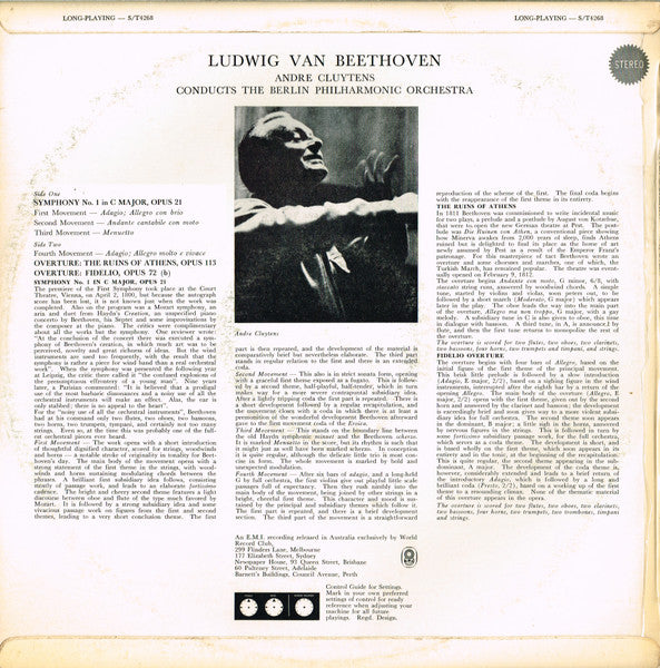 Ludwig van Beethoven, André Cluytens And The Berliner Philharmoniker : Symphony No. 1 In C Major, Op. 21 / Overtures To Ruins Of Athens And Fidelio (LP, Album, Club, 1st)