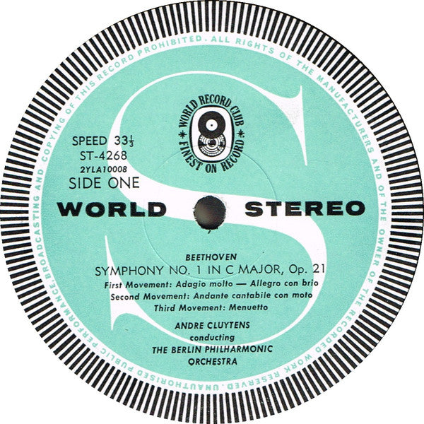 Ludwig van Beethoven, André Cluytens And The Berliner Philharmoniker : Symphony No. 1 In C Major, Op. 21 / Overtures To Ruins Of Athens And Fidelio (LP, Album, Club, 1st)