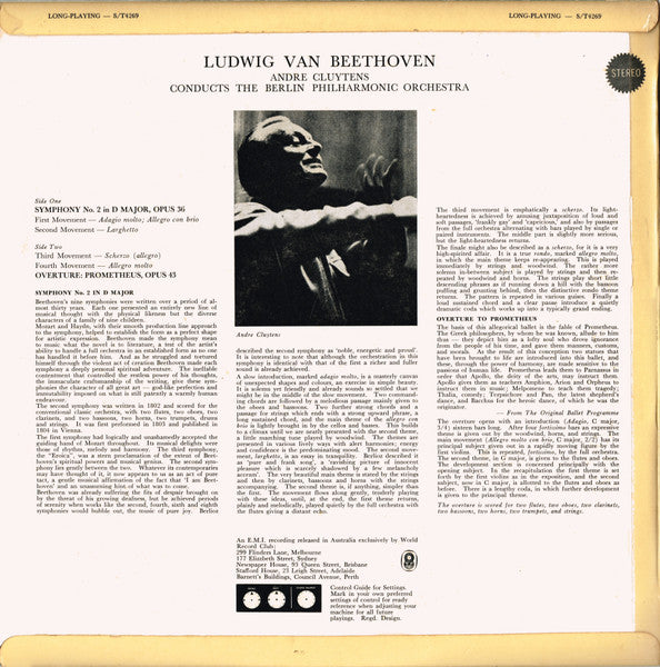 Ludwig van Beethoven, André Cluytens And The Berliner Philharmoniker : Symphony No. 2 In D Major, Op.36 / Overture To Prometheus (LP, Album, Club, RE)