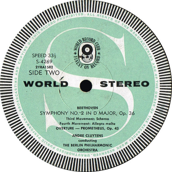 Ludwig van Beethoven, André Cluytens And The Berliner Philharmoniker : Symphony No. 2 In D Major, Op.36 / Overture To Prometheus (LP, Album, Club, RE)