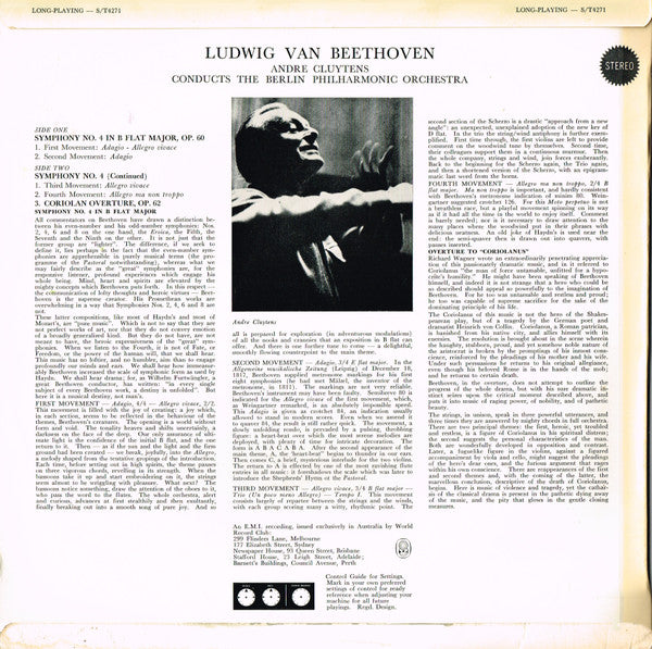 Ludwig van Beethoven, André Cluytens And The Berliner Philharmoniker : Symphony No. 4 In B Flat / Coriolan Overture (LP, Album, Club, RE)
