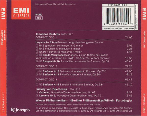 Johannes Brahms, Ludwig van Beethoven, Wiener Philharmoniker, Berliner Philharmoniker, Wilhelm Furtwängler : Sinfonien / Symphonies, 3 Ungarische Tänze, Haydn - Variatonen, Coriolan,  Leonore II (3xCD, Comp, Mono, RM)