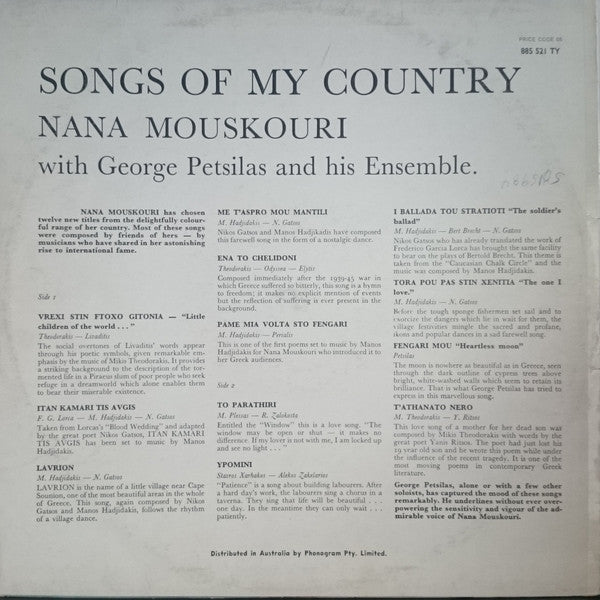 Nana Mouskouri : Songs Of My Country (LP, Album)