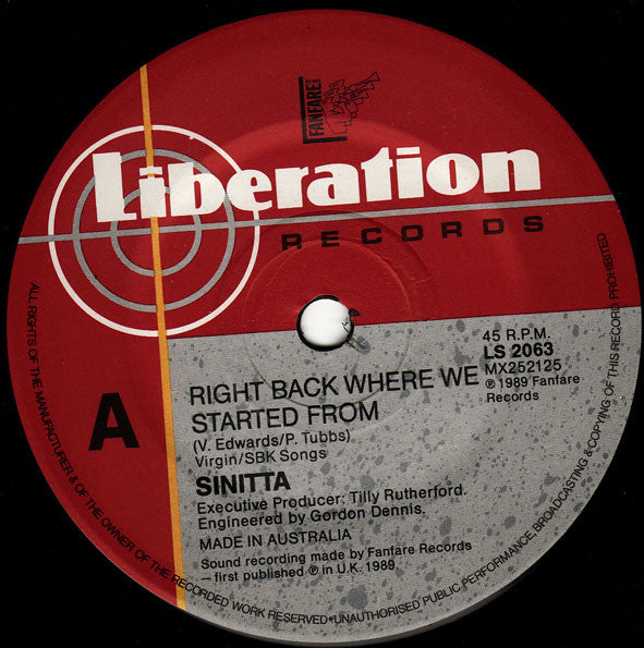 Sinitta : Right Back Where We Started From (7", Single)