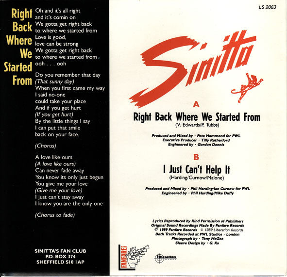 Sinitta : Right Back Where We Started From (7", Single)