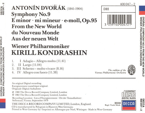 Antonín Dvořák, Wiener Philharmoniker, Kiril Kondrashin : Symphony No. 9 - From The New World • Du Nouveau Monde • Aus Der Neuen Welt (CD, Album, RE)