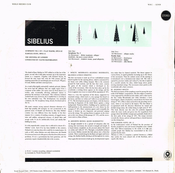 Jean Sibelius, Sinfonia Of London Conducted By Tauno Hannikainen : Symphony No. 5 In E Flat Major And Karelia Suite (LP, Album, Club, RE)