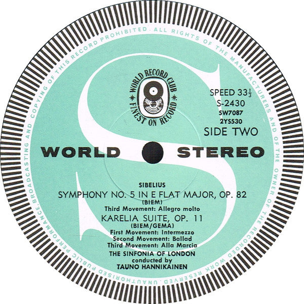 Jean Sibelius, Sinfonia Of London Conducted By Tauno Hannikainen : Symphony No. 5 In E Flat Major And Karelia Suite (LP, Album, Club, RE)