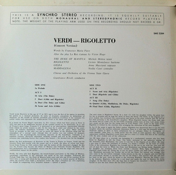 Giuseppe Verdi, Licinio Montefusco, Anna Maccianti, Michele Molese, Nedda Casei, Wiener Staatsopernchor And Orchester Der Wiener Staatsoper Conducted By Gianfranco Rivoli : Rigoletto (Concert Version) (LP)