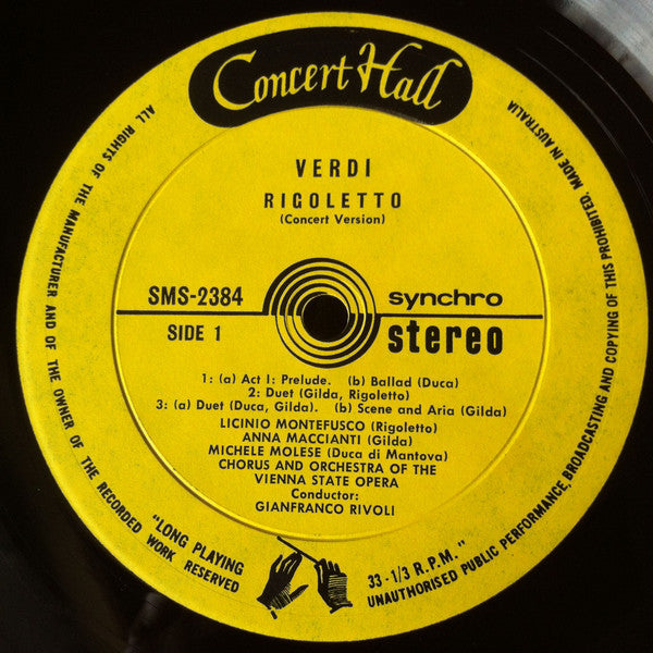 Giuseppe Verdi, Licinio Montefusco, Anna Maccianti, Michele Molese, Nedda Casei, Wiener Staatsopernchor And Orchester Der Wiener Staatsoper Conducted By Gianfranco Rivoli : Rigoletto (Concert Version) (LP)