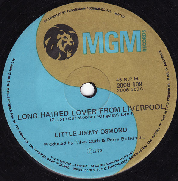 Little Jimmy Osmond* : Long Haired Lover From Liverpool (7", Single)