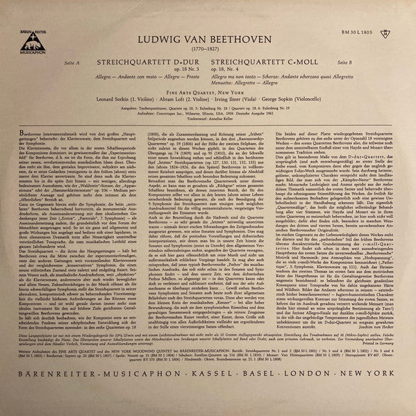 The Fine Arts Quartet, Ludwig van Beethoven : Streichquartett D-dur Op. 18 Nr. 3 / Streichquartett C-moll Op. 18 Nr. 4 (LP, Album)