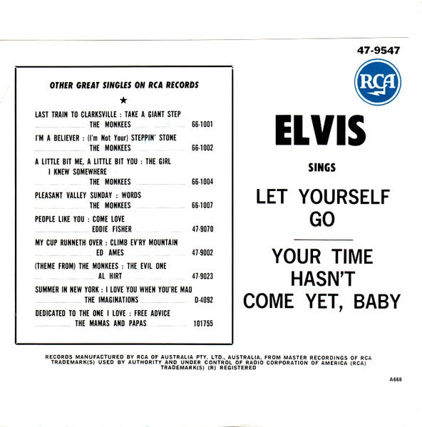 Elvis Presley With The Jordanaires : Your Time Hasn't Come Yet, Baby / Let Yourself Go (7")