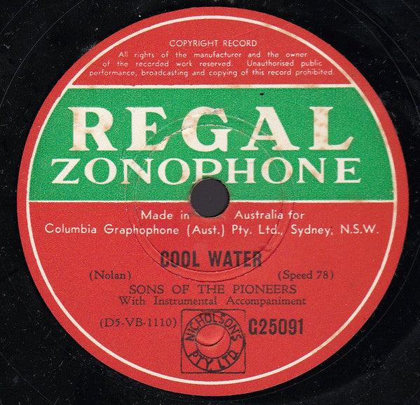 The Sons Of The Pioneers : Cool Water / Tumbling Tumbleweeds (Shellac, 10")