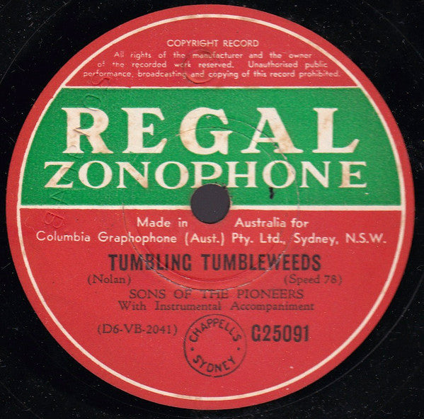 The Sons Of The Pioneers : Cool Water / Tumbling Tumbleweeds (Shellac, 10")