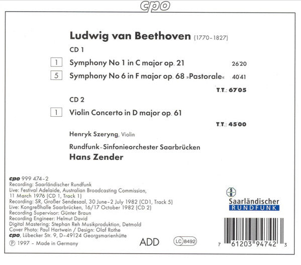 Beethoven* – Henryk Szeryng, Rundfunk-Sinfonieorchester Saarbrücken, Hans Zender : Symphonies 1 & 6 - Violin Concerto (2xCD, RM)
