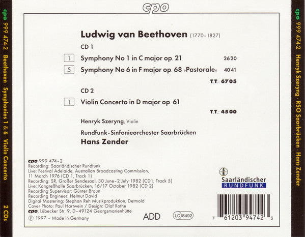Beethoven* – Henryk Szeryng, Rundfunk-Sinfonieorchester Saarbrücken, Hans Zender : Symphonies 1 & 6 - Violin Concerto (2xCD, RM)