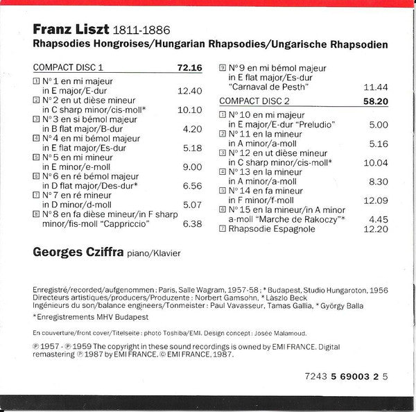 Franz Liszt, Gyorgy Cziffra : Rhapsodies Hongroises = Hungarian Rhapsodies = Ungarische Rhapsodien (2xCD, RE, RM)