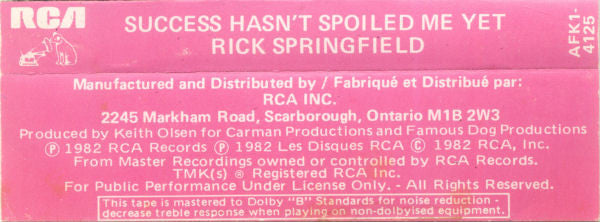Rick Springfield : Success Hasn't Spoiled Me Yet (Cass, Album, '-')