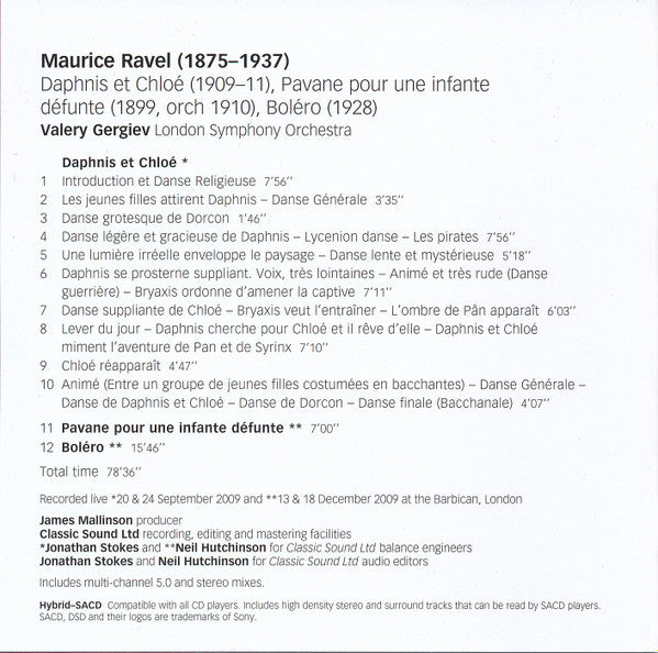 Maurice Ravel, Valery Gergiev, London Symphony Orchestra, London Symphony Chorus : Daphnis Et Chloé - Boléro - Pavane (SACD, Hybrid, Multichannel, Dir)
