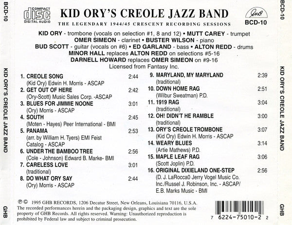 Kid Ory And His Creole Jazz Band : 1944/45: The Legendary Crescent Recording Sessions (CD, Album)