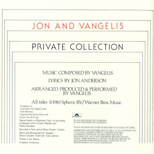 Jon And Vangelis* : Private Collection (CD, Album, RE)
