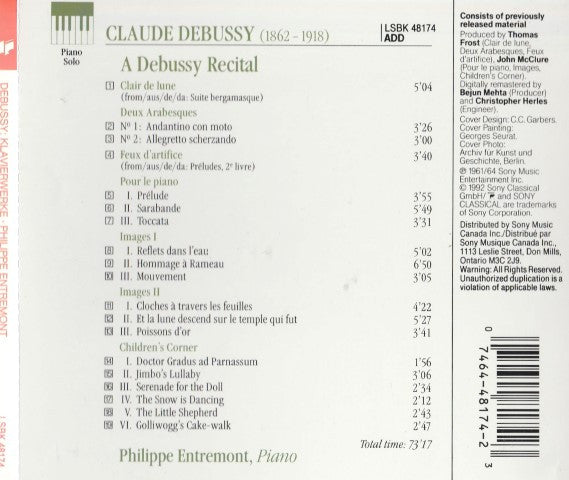 Debussy* - Philippe Entremont : Piano Music (CD, Comp, RM)