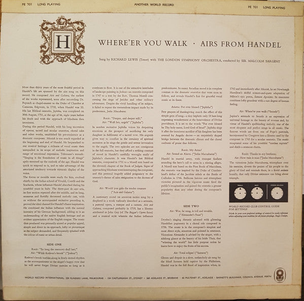 Handel*, Richard Lewis (3) With Sir Malcolm Sargent Conducting London Symphony Orchestra : Where'er You Walk - Favourite Airs From Handel (LP, Album, Mono, Club)
