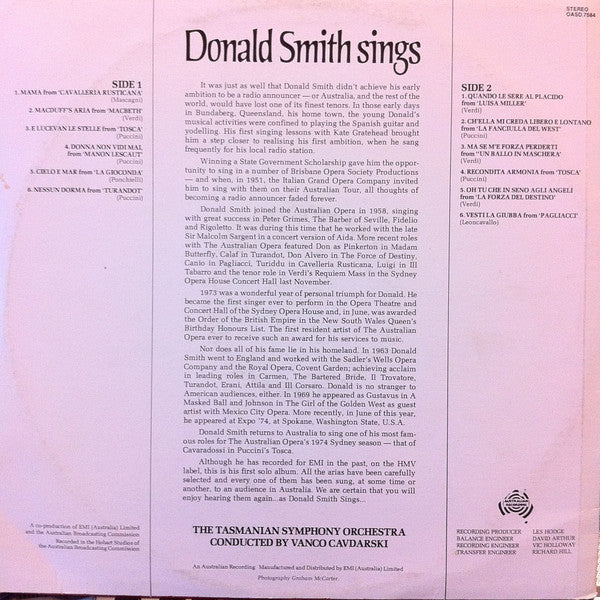 Donald Smith (10) /  Tasmanian Symphony Orchestra Conducted By Vančo Čavdarski : Donald Smith Sings (LP)