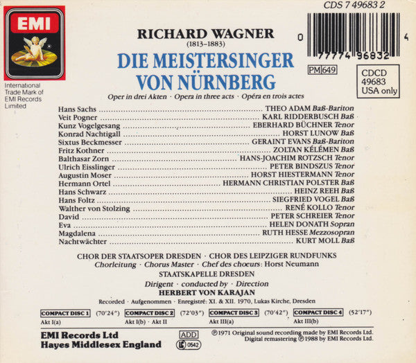 Wagner* - Kollo* · Donath* · Adam* · Evans* · Schreier* · Hesse* · Ridderbusch* · Chor der Staatsoper Dresden · Chor Des Leipziger Rundfunks* · Staatskapelle Dresden · Karajan* : Die Meistersinger Von Nürnberg (4xCD, Album, RE, RM + Box, Sli)