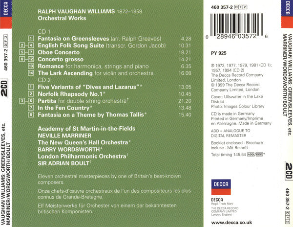 Ralph Vaughan Williams - Sir Neville Marriner, Sir Adrian Boult, Barry Wordsworth : Orchestral Works. Fantasia On Greensleeves / The Lark Ascending / Tallis Fantasia (2xCD, Comp, RE)