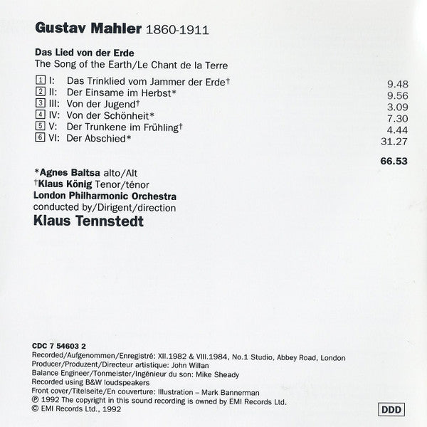 Gustav Mahler, Agnes Baltsa, Klaus König, London Philharmonic Orchestra, Klaus Tennstedt : Das Lied von der Erde (CD)