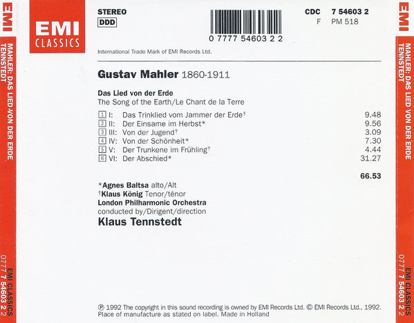 Gustav Mahler, Agnes Baltsa, Klaus König, London Philharmonic Orchestra, Klaus Tennstedt : Das Lied von der Erde (CD)