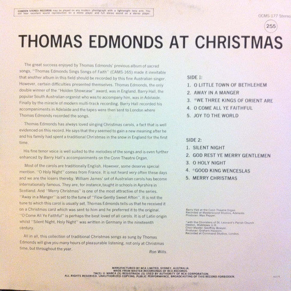 Thomas Edmonds , with Barry Hall (3) : Thomas Edmonds At Christmas (LP)
