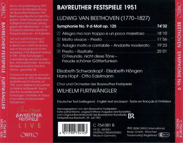 Ludwig van Beethoven / Orchester der Bayreuther Festspiele, Chor der Bayreuther Festspiele, Wilhelm Furtwängler, Elisabeth Schwarzkopf, Elisabeth Höngen, Hans Hopf, Otto Edelmann : Symphonie No. 9 (CD, Album, Mono, RE, RM)