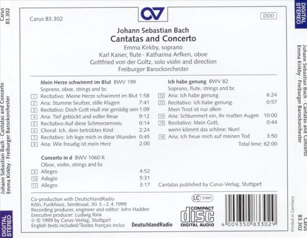Johann Sebastian Bach - Emma Kirkby, Katharina Arfken, Gottfried von der Goltz, Freiburger Barockorchester : Mein Herze Schwimmt Im Blut · Ich Habe Genung · Konzert Für Oboe Und Violine (CD, Album)