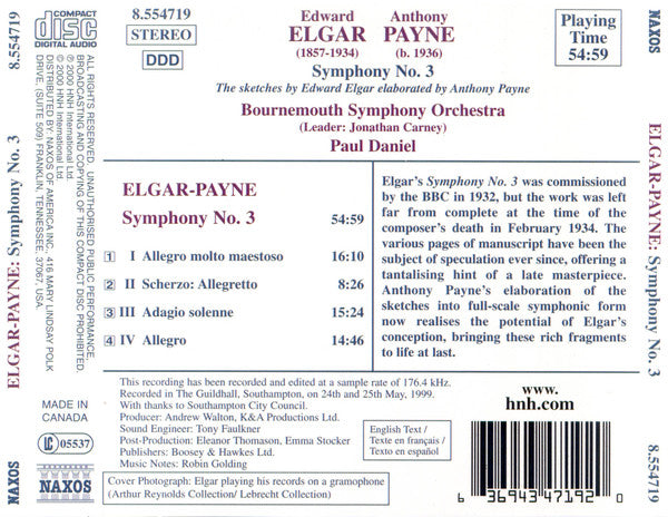 Sir Edward Elgar, Anthony Payne (2), Bournemouth Symphony Orchestra, Paul Daniel : The Sketches For Symphony No. 3, Elaborated By Anthony Payne (CD, Album)