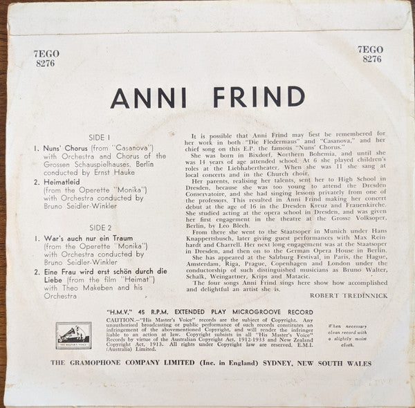 Anni Frind : Nuns' Chorus "Casanova" And Other Operette And Film Melodies (7", EP)