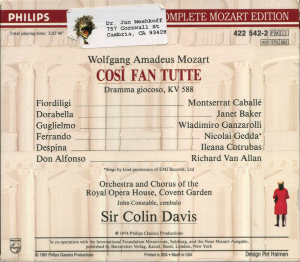 Mozart*, Sir Colin Davis, Orchestra Of The Royal Opera House, Covent Garden, Chorus Of The Royal Opera House, Covent Garden : Cosi Fan Tutte (3xCD, Album, RE)