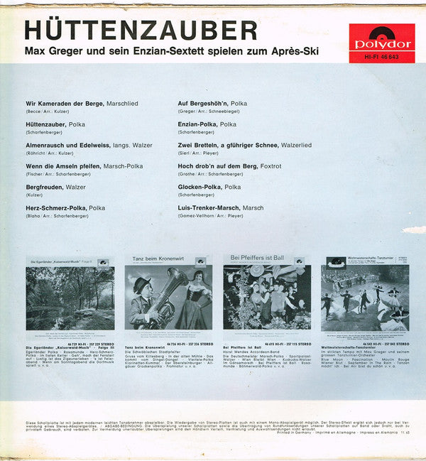 Max Greger Und Sein Enzian-Sextett : Hüttenzauber: Max Greger Und Sein Enzian-Sextett Spielen Zum Après-Ski (LP, Album, Mono)
