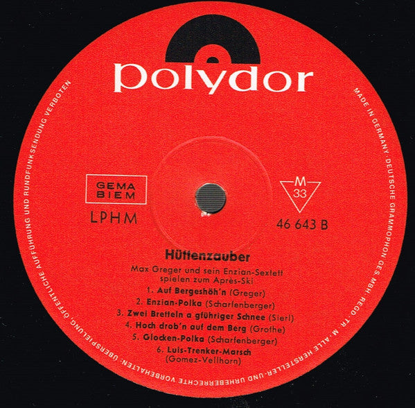 Max Greger Und Sein Enzian-Sextett : Hüttenzauber: Max Greger Und Sein Enzian-Sextett Spielen Zum Après-Ski (LP, Album, Mono)