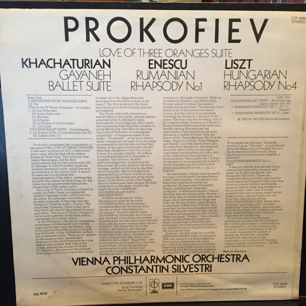 Prokofiev* / Khachaturian* / Enescu* / Liszt*, Vienna Philharmonic Orchestra*, Constantin Silvestri : Love Of Three Oranges Suite / Gayaneh Ballet Suite / Rumanian Rhapsody No1 / Hungarian Rhapsody No4 (LP, Comp)